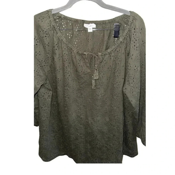 J. Jill Olive Green Eyelet Blouse Size Large - Picture 2 of 8